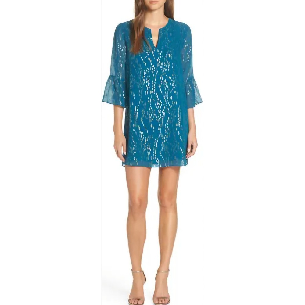 Lilly Pulitzer Silk Metallic Gold Foil Teal Blue Bell Sleeve Shift Dress XS